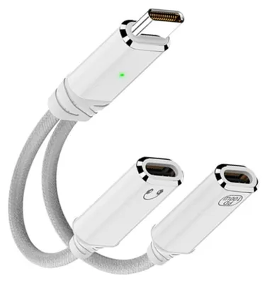 Obrázok produktu pre INF Type-C 2-v-1 adaptér na nabíjanie a slúchadlá kompatibilný s Apple telefónmi — PD 100W rýchle nabíjanie, USB 2.0 480Mbp audio a nabíjanie, hliníkové opletenie biely