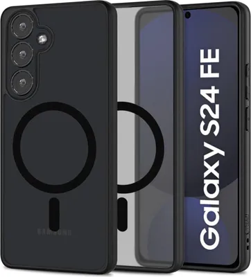 A black phone case with a magnetic ring is shown next to a phone displaying "Galaxy S24 FE".