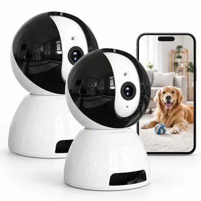 Productafbeelding van 2K bewakingscamera voor binnen, 360°, indoor hondencamera/babyfoon, 2 stuks, met nachtzicht, bewegingsdetectie, tweewegs audio en automatische tracking
