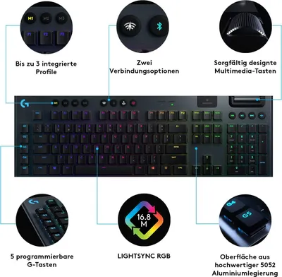Zdjęcie produktu dla Logitech G 920-008955, Pełnowymiarowy (100%), Bezprzewodowy, RF Wireless + Bluetooth, Mechaniczna, QWERTZ, Czarny