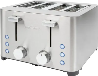 Produktbild von ProfiCook Toaster, Toaster 4 Scheiben, mit 2 getrennten Bedienelementen, Auftau-, Aufwärm-/ Schnellstoppfunktion, Toaster mit Brötchenaufsatz, Toaster Edelstahl, PC-TA 1252