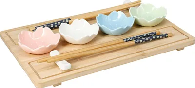 Zdjęcie produktu dla Zestaw do serwowania sushi z 4 porcelanowymi miseczkami