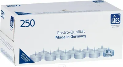 Produktbild von Gies 205-479000-10, Durchmesser 38 mm, in Metallhülsen, 8 Stunden Brenndauer, 250er-Karton, Weiss Kerzen, Teelichte, 250
