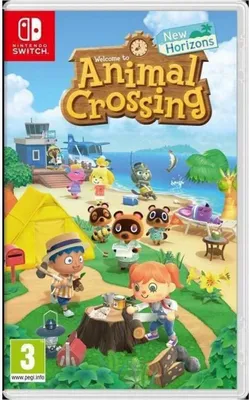 The image shows the game box for Nintendo Switch's Animal Crossing: New Horizons, featuring characters and scenery from the game.