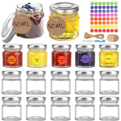 Zdjęcie produktu dla Omgoods - Słoiczki do przetworów 50 ml - Słoiczki do konserwowania - Miniaturowe słoiczki z pokrywką - 15 sztuk - Zakręcane - Dobrze zamykane - Słoiki do przetworów