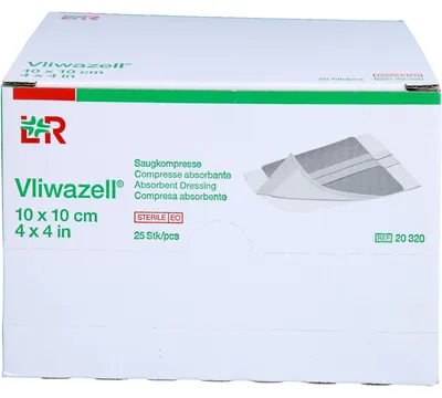 Obrázok produktu pre Vliwazell vysoko absorpčný univerzálny sterilný kompres 10 cm x 10 cm, 25 kompresov