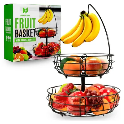 Produktbild von Dayshake Obstschale mit Bananenaufhänger - Runder Obstkorb Schwarz - 2-stöckige Etagere