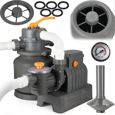 Produktbild von Lebula Sandfilterpumpe für Bestway- und Intex-Pools. Leistung: 8705 l/h, 250 W + Schläuche