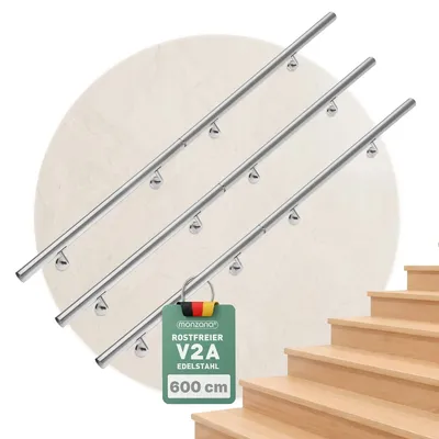 Productafbeelding van MONZANA® RVS handrail, V2A roestvrij staal, leuning, trapleuning, 600 cm, wandbevestiging, verbindingen, afsluitdopjes, geschikt voor binnen- en buitengebruik