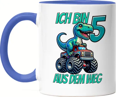 Produktbild von Kinder 5. Geburtstag Tasse Blau Dino Dinosaurier Auto 5 Jahre Junge Monstertruck