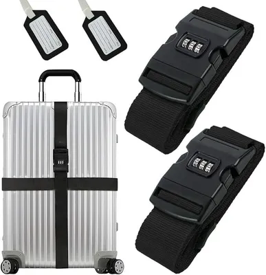 Produktbild von PolkaHome® 2er Set Kofferriemen mit Zahlenschloss, Gepäckriemen verstellbar, Kofferband mit 2 Gepäckanhängern, Reisezubehör für