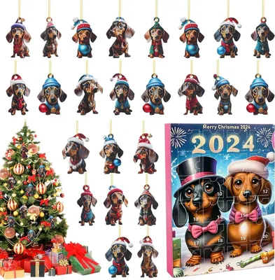 Produktbild von Weihnachtsbaum Welpe Anhänger Adventskalender 2024 Cartoon-Stil, 24-Tage-Weihnachts-Countdown-Welpe Katzenliebhaber, Acryl Hängeanhänger