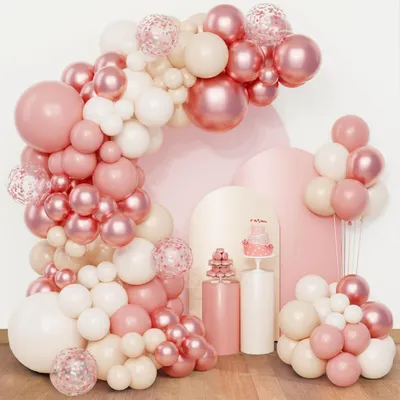 Productafbeelding van Ballonketting met 108 stuks, roze, roze goud, wit, beige ballonnen. Geschikt voor verjaardagsdecoratie, meisjes, vrouwen, babyfeestjes en bruiloften. Heliumballonnen