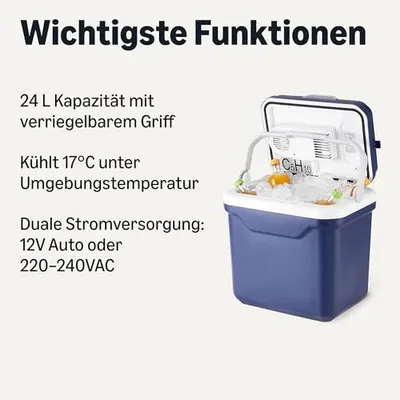 Produktbild von Amazon Basics Elektrische Kühlbox mit Kühl- und Wärmefunktion, 12 V DC/230 V AC für den Fahrzeug- und Heimgebrauch, 24 Liter, Blau