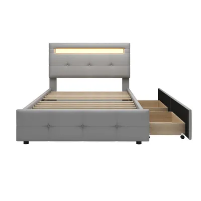 Produktbild von Flieks Polsterbett 90x200cm, Kinderbett mit Schubladen und Lattenrost, Jugendbett Einzelbett mit Led, Holzbett für Damen Kinder Jugend, Leinen, Grau