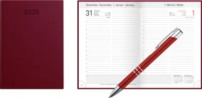 Produktbild von Buchkalender 2026 / Chefkalender / Farbe: burgund + Metallkugelschreiber