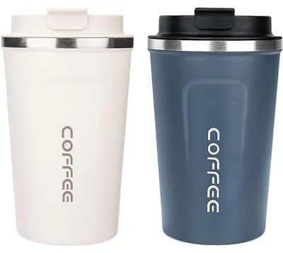 Productafbeelding van Set van 2 koffiebekers voor onderweg, 380 ml, thermosbekers van roestvrij staal, lekvrij met deksel, wit en blauw