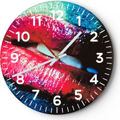 Produktbild von Wanduhr - Rund - Glasuhr - Lippen Gesicht Frau - 30x30cm - Schleichendes Uhrwerk - Lautlos - zum Aufhängen bereit - Dekoration Modern - Wanddekoration aus Glas - C4AR30x30-0231
