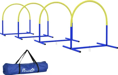 Zdjęcie produktu dla PawHut sprzęt do treningu agility dla psów, 4-częściowy zestaw płotków dla starszych psów, zestaw treningowy dla psów z torbą, niebieski + żółty, 88 x 6