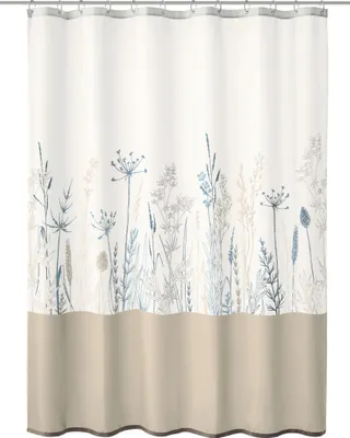 A shower curtain with a botanical print.