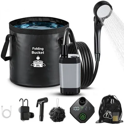 Imagen del producto de Ducha portátil para camping, con batería de 6000 mAh, capacidad de 20 litros, resistente al agua, con cabezal de ducha desmontable, ideal para jardín, tiendas de campaña, perros y la playa