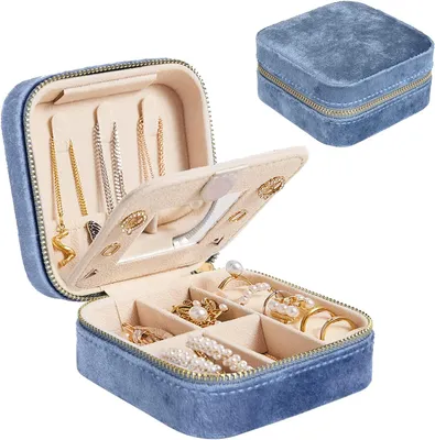 Produktbild von Mini-Schmuckkästchen Organizer, tragbar Reise-Schmuckkoffer, Samt Double Layer Schmucktasche mit Spiegel, Ringe, Ohrringe Blau