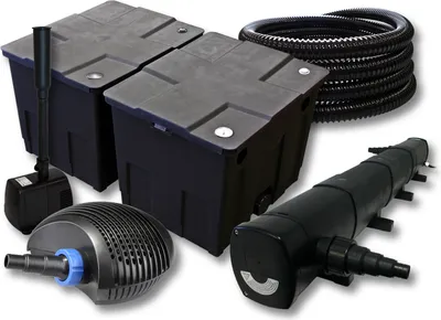Immagine prodotto di Set completo SunSun: filtro per laghetto CBF-350B fino a 60000 L, pompa per laghetto CTF-6000 6000l/h 40W, chiarificatore per laghetto CUV-272 72W, tubo per laghetto 25m 25 mm, fontana HJ-943 800l/h 16W