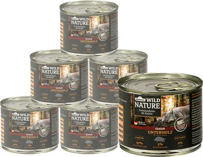 Produktbild von Dehner Wild Nature Katzenfutter Unterholz, Nassfutter getreidefrei / zuckerfrei, für ältere Katzen, Wildschwein, 6 x 200 g Dose (1.2 kg)