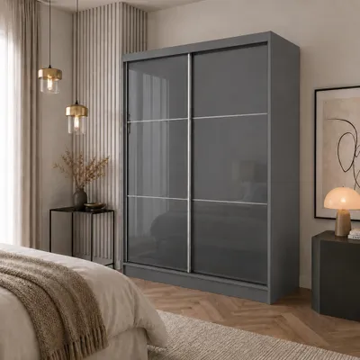 Produktbild von Kleiderschrank mit Hochglanz VIVA 150cm - Schrank mit Schiebetüren & Kleiderstangen, Garderobe ohne Spiegel (Graphit)