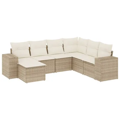 Produktbild von 7-tlg. Modulare Garten-Sofagarnitur, Poly Rattan Beige, mit Stauraum, wasserabweisendem Beutel, UV-beständig, abnehmbare Kissenbezüge