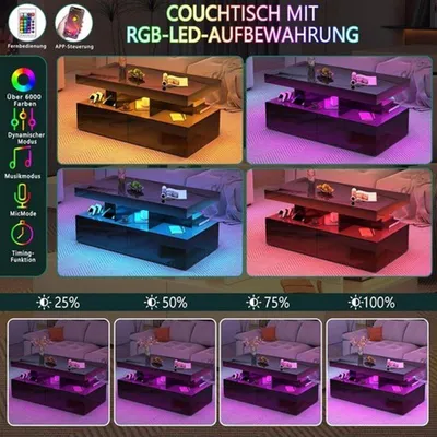 Obrázok produktu pre Moderný konferenčný stolík s LED osvetlením, čierna lesklá povrchová úprava, 2 zásuvky a úložné priestory do obývačky