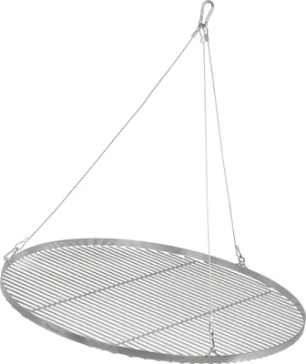 A round metal grill grate suspended by wires against a white background.