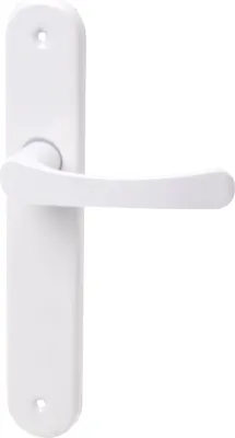 A white door handle with a long backplate, shown against a white background.