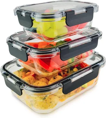 Immagine prodotto di Set di 3 contenitori Unyqoos® – contenitori in vetro borosilicato con coperchi in Tritan, ermetici, da 370/640/1040 ml, impilabili, adatti al lavaggio in lavastoviglie, al microonde e al forno (senza coperchio)