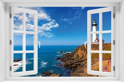 Produktbild von Wallario Wandbild aus Acryl, 60 x 90 cm, freischwebende Optik - Leuchtturm auf einem Felsvorsprung - Blauer Himmel mit Fenster-Illusion