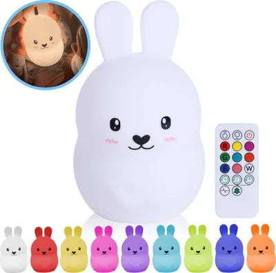 Produktbild von Kadoing® Kaninchen Nachtlicht (Groß) - mit Tippfunktion und Fernbedienung - wiederaufladbar - Kinderlampe - Babylampe - Tischlampe - Kinderspielzeug
