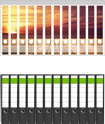 Produktbild von Wallario 12 Stück schmale Ordner inkl. Klebeetiketten mit Motive Steg am See - Sonnenuntergang und roter Himmel -  Set mit Rückenschildern / Ordnerrücken Stickern