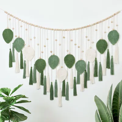 Image de Grand tapis mural en macramé avec feuilles et franges - Style boho