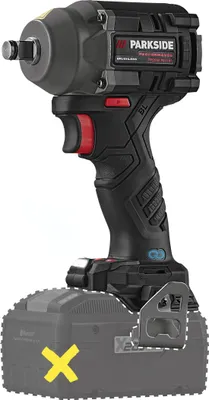 A black and gray cordless impact wrench with a red trigger, shown attached to a battery pack.