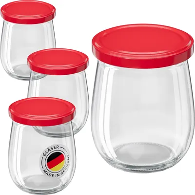 Four glass jars with red lids are arranged on a white background. One jar in the foreground has a German flag logo and text.