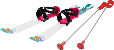 A pair of children's skis and ski poles against a white background.