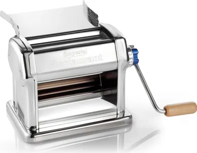 A stainless steel pasta maker with a wooden handle is shown against a white background.