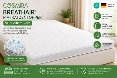 Produktbild von COSMIRA Breathair® Matratzentopper 90x200 cm – 5 cm hoch – atmungsaktiver Topper mit hoher Luftzirkulation – hygienisch & komfortabel, KI-generiertes Bild
