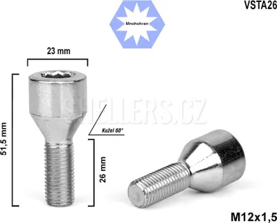Obrázok produktu pre Skrutka kolesa M12x1,5x26 s kužeľom a vnútorným polygónom, VSTA26, priemer hlavy 23 mm, výška 51,5