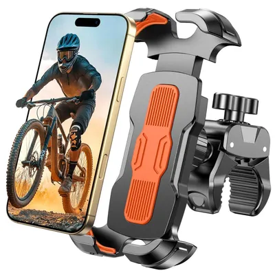 Image de Support pour téléphone de vélo ou de moto, rotatif à 360°, à fixation rapide, couleur orange, compatible avec les téléphones de 4,7 à 6,9 pouces