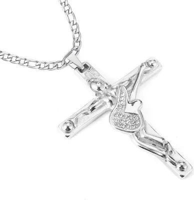 Produktbild von Johnny Hallyday Kreuz Anhänger Halskette Gitarre Rocker Silber
