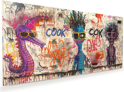 Produktbild von Glasbild 60x30cm in XXL für Wohnzimmer, Schlafzimmer Motiv Graffiti Tiere