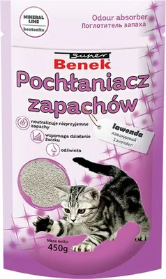 A product package for cat litter odor absorber with a kitten illustration.