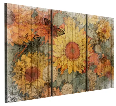 Produktbild von LUMASOUL Leinwand Bilder 90x60 cm, Leinwandbild Sonnenblumen Motiv, Wandbilder Holzrahmen und Webstuhl Wohnzimmer und Schlafzimmer, 3 teilig Blumen 31