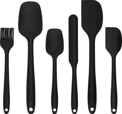 Produktbild von Krumble Spatel Set - 6er Set - Spateln - Küchenutensilien - Kochutensilien - Topfschaber - Pfannenschaber - Backpinsel - hitzebeständig - spülmaschinenfest - 6 Stück - Silikon - Schwarz